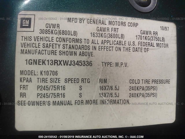 1GNEK13RXWJ345336 - 1998 CHEVROLET TAHOE K1500 GREEN photo 9