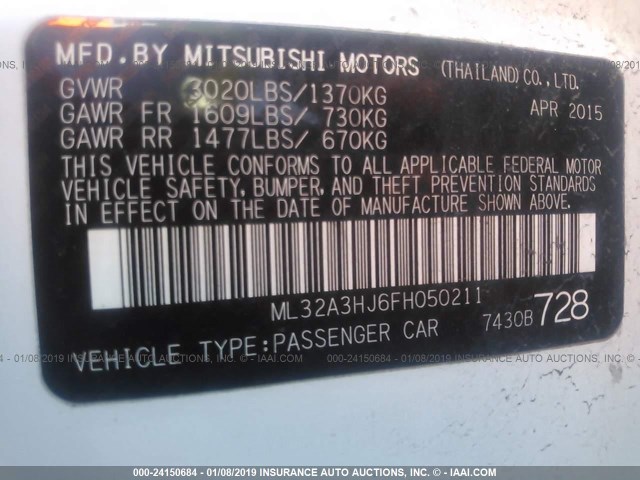 ML32A3HJ6FH050211 - 2015 MITSUBISHI MIRAGE DE WHITE photo 9