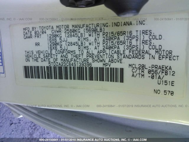 5TDZA23C84S139396 - 2004 TOYOTA SIENNA CE/LE WHITE photo 9