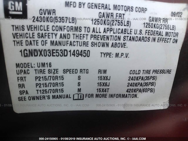 1GNDX03E53D149450 - 2003 CHEVROLET VENTURE RED photo 9