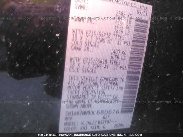 5N1AR2MM9DC680676 - 2013 NISSAN PATHFINDER S/SV/SL/PLATINUM BLACK photo 9