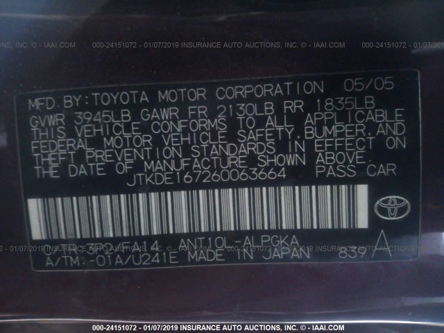 JTKDE167260063664 - 2006 TOYOTA SCION TC PURPLE photo 9