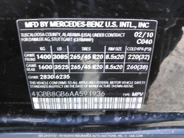 4JGBB8GB6AA591936 - 2010 MERCEDES-BENZ ML 350 4MATIC BLACK photo 9