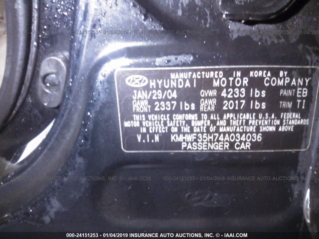 KMHWF35H74A034036 - 2004 HYUNDAI SONATA GLS/LX BLACK photo 9