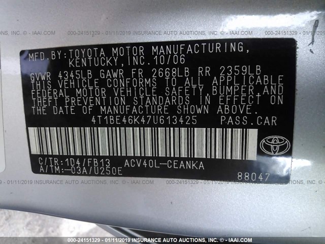 4T1BE46K47U613425 - 2007 TOYOTA CAMRY NEW GENERAT CE/LE/XLE/SE SILVER photo 9