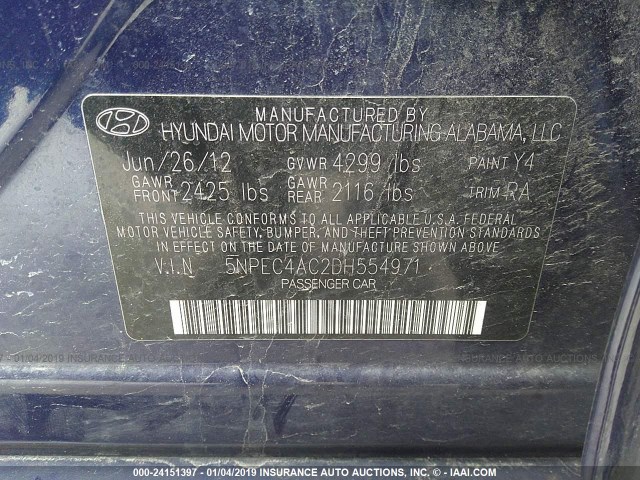 5NPEC4AC2DH554971 - 2013 HYUNDAI SONATA SE/LIMITED BLUE photo 9