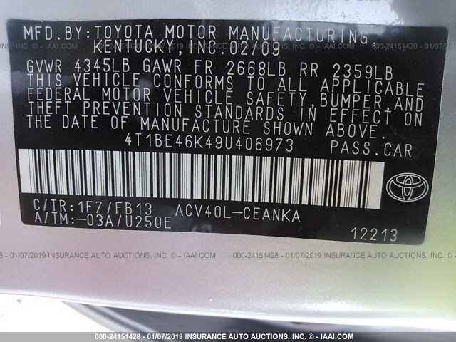 4T1BE46K49U406973 - 2009 TOYOTA CAMRY SE/LE/XLE 银色 照片 9