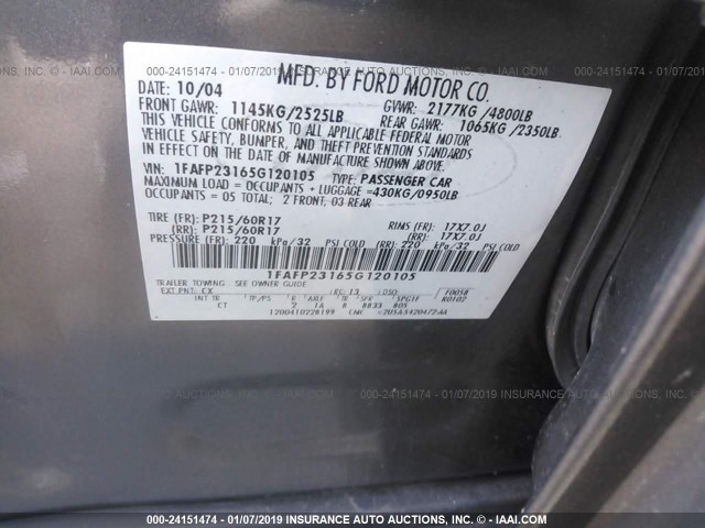 1FAFP23165G120105 - 2005 FORD FIVE HUNDRED SE GRAY photo 9