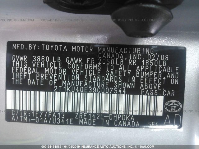 2T1KU40E39C007544 - 2009 TOYOTA COROLLA MATRIX  SILVER photo 9