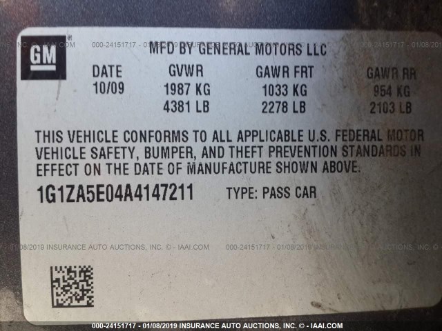 1G1ZA5E04A4147211 - 2010 CHEVROLET MALIBU LS GRAY photo 9