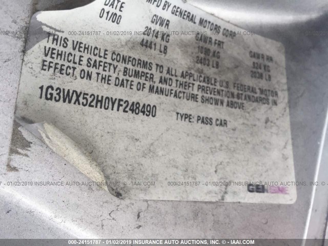 1G3WX52H0YF248490 - 2000 OLDSMOBILE INTRIGUE GLS SILVER photo 9