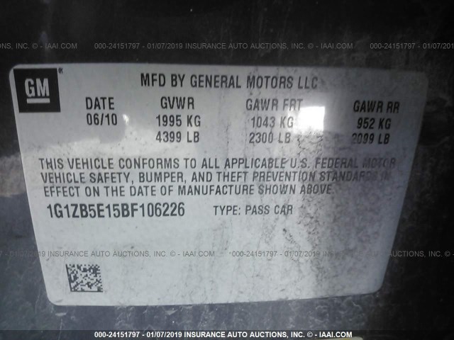 1G1ZB5E15BF106226 - 2011 CHEVROLET MALIBU LS GRAY photo 9