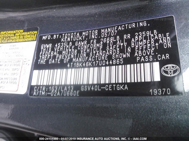 4T1BK46K17U044865 - 2007 TOYOTA CAMRY NEW GENERAT LE/XLE/SE GRAY photo 9