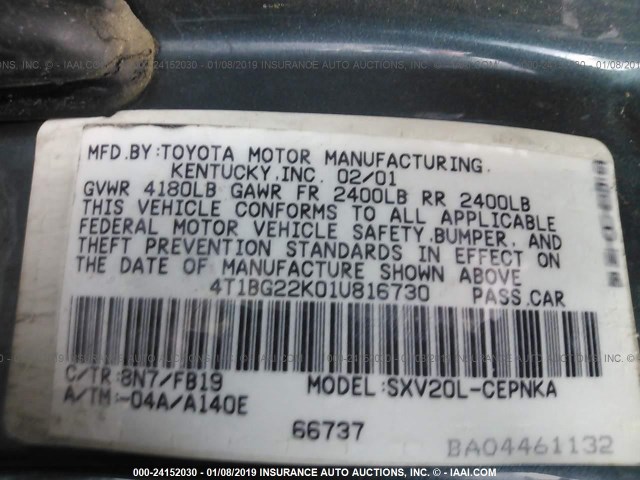 4T1BG22K01U816730 - 2001 TOYOTA CAMRY CE/LE/XLE BLUE photo 9