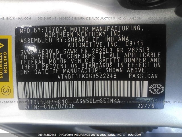 4T4BF1FK0GR522248 - 2016 TOYOTA CAMRY LE/XLE/SE/XSE SILVER photo 9