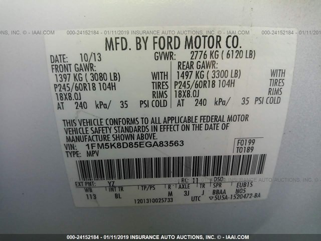 1FM5K8D85EGA83563 - 2014 FORD EXPLORER XLT WHITE photo 9