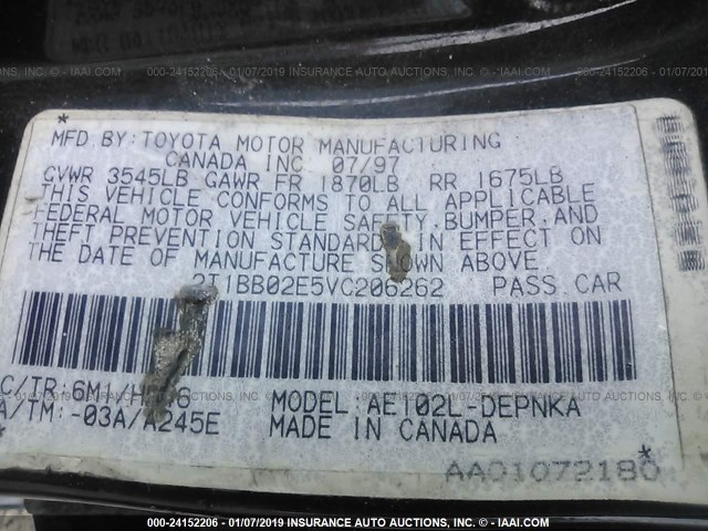 2T1BB02E5VC206262 - 1997 TOYOTA COROLLA DX GRAY photo 9