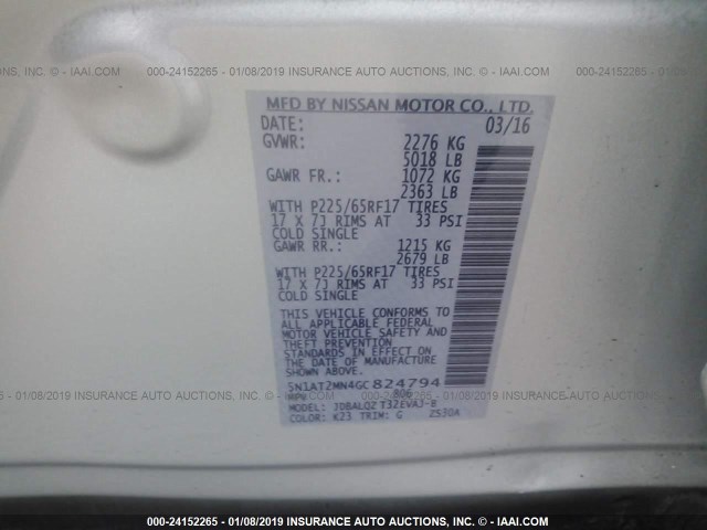 5N1AT2MN4GC824794 - 2016 NISSAN ROGUE S/SL/SV SILVER photo 9