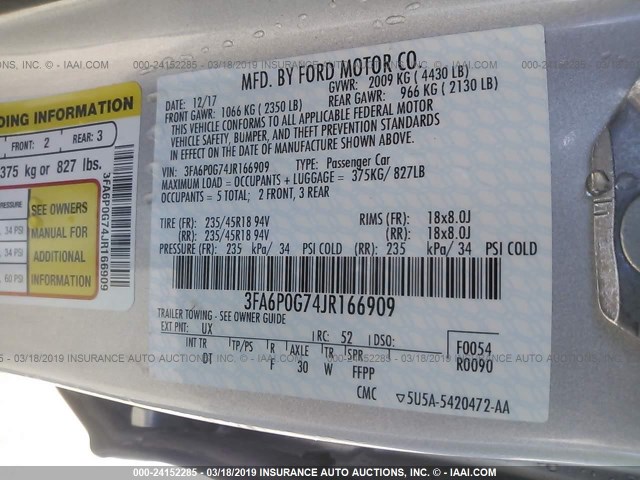 3FA6P0G74JR166909 - 2018 FORD FUSION S SILVER photo 9