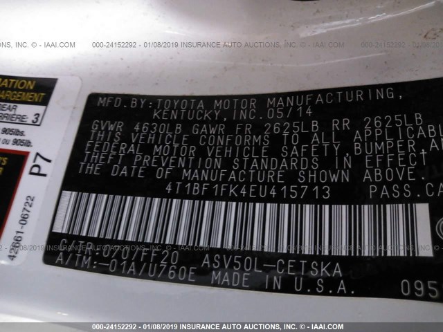 4T1BF1FK4EU415713 - 2014 TOYOTA CAMRY L/SE/LE/XLE Ağ foto 9
