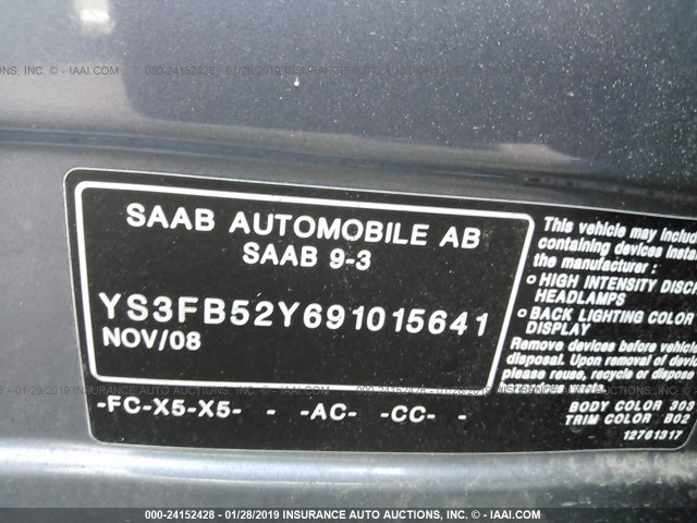 YS3FB52Y691015641 - 2009 SAAB 9-3 2.0T GRAY photo 9