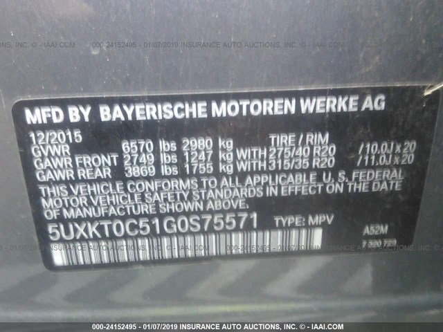 5UXKT0C51G0S75571 - 2016 BMW X5 XDR40E GRAY photo 9