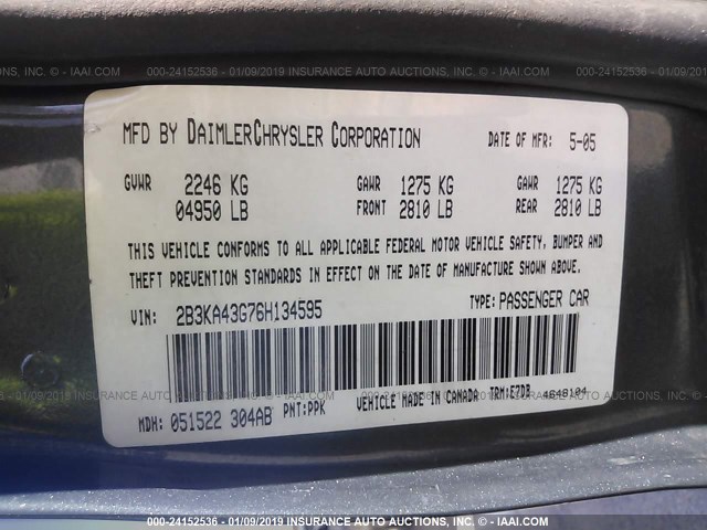 2B3KA43G76H134595 - 2006 DODGE CHARGER SE/SXT BLUE photo 9