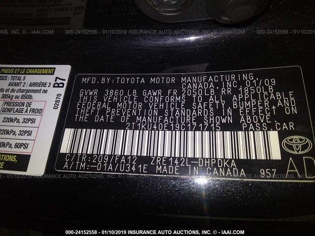 2T1KU40E19C171715 - 2009 TOYOTA COROLLA MATRIX  BLACK photo 9