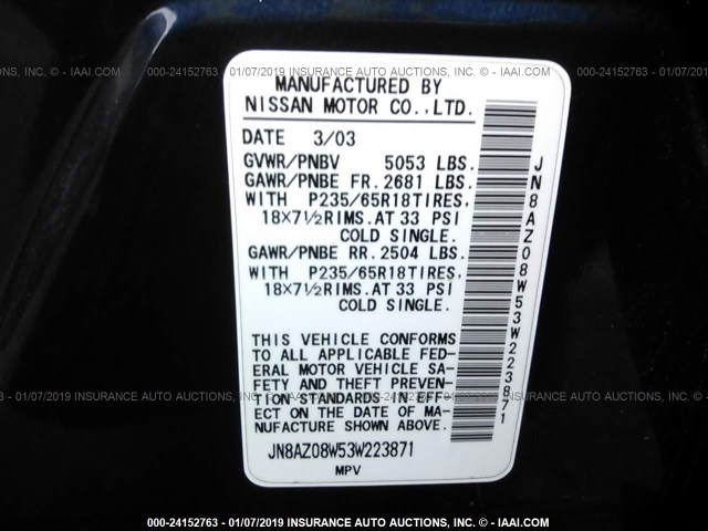 JN8AZ08W53W223871 - 2003 NISSAN MURANO SL/SE BLUE photo 9