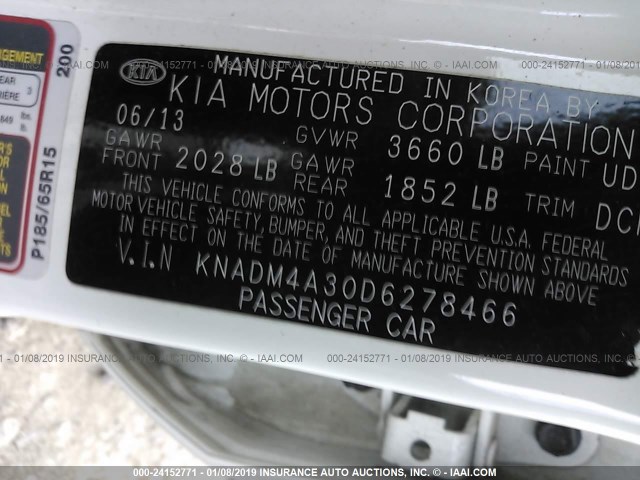 KNADM4A30D6278466 - 2013 KIA RIO LX WHITE photo 9