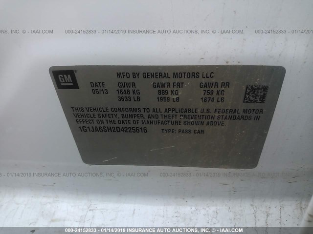 1G1JA6SH2D4225616 - 2013 CHEVROLET SONIC LS 白色 照片 9