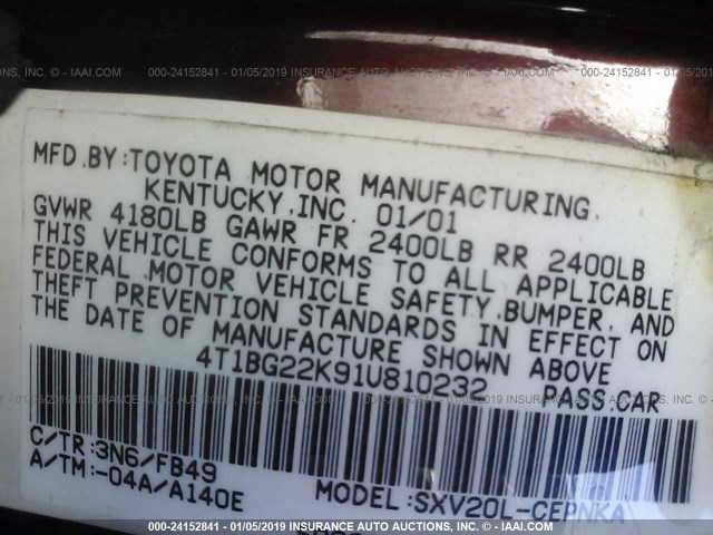 4T1BG22K91U810232 - 2001 TOYOTA CAMRY CE/LE/XLE BURGUNDY photo 9