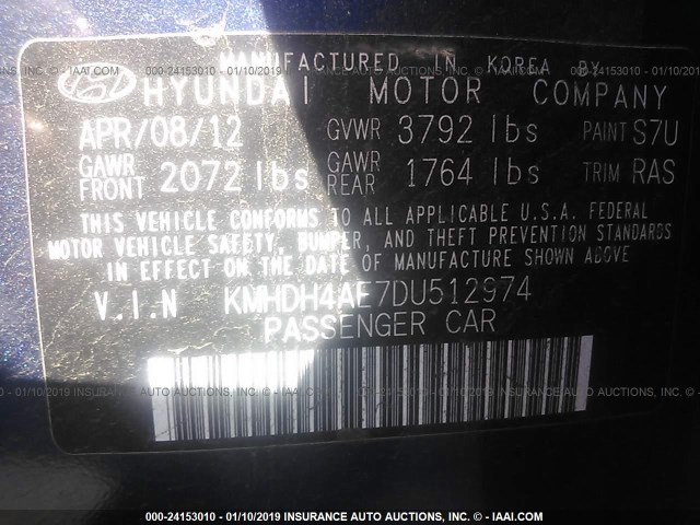 KMHDH4AE7DU512974 - 2013 HYUNDAI ELANTRA GLS/LIMITED BLUE photo 9