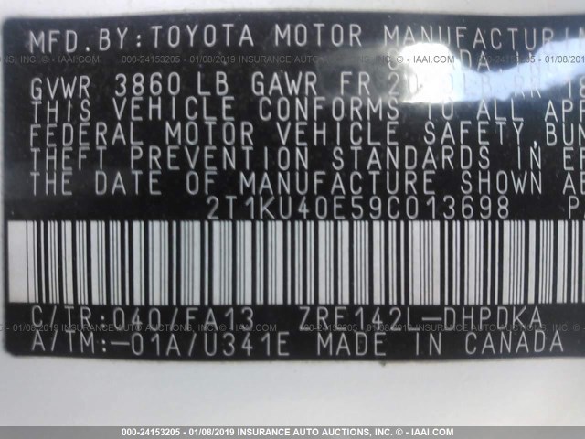 2T1KU40E59C013698 - 2009 TOYOTA COROLLA MATRIX  WHITE photo 9