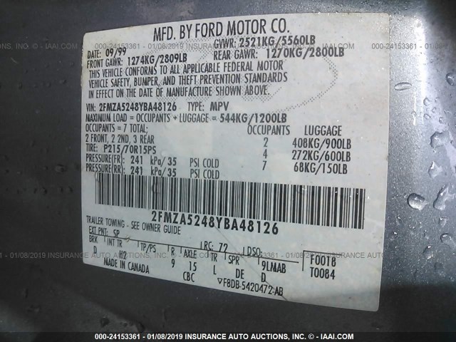 2FMZA5248YBA48126 - 2000 FORD WINDSTAR SE Light Blue photo 9