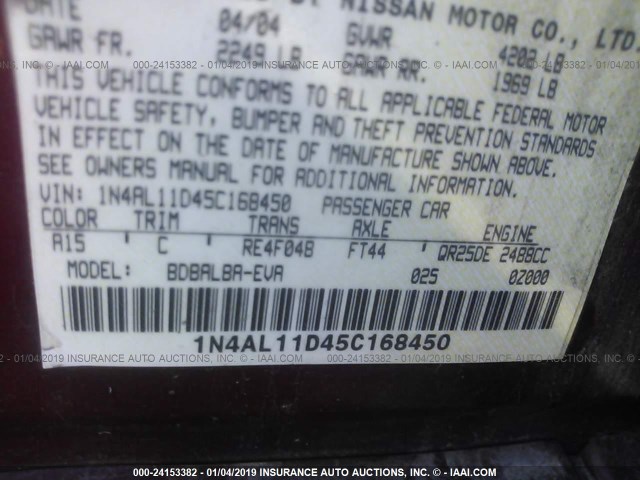 1N4AL11D45C168450 - 2005 NISSAN ALTIMA S/SL RED photo 9