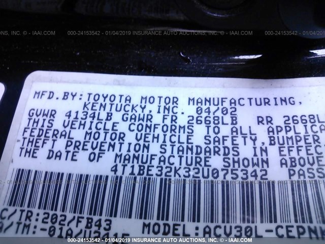 4T1BE32K32U075342 - 2002 TOYOTA CAMRY LE/XLE/SE BLACK photo 9