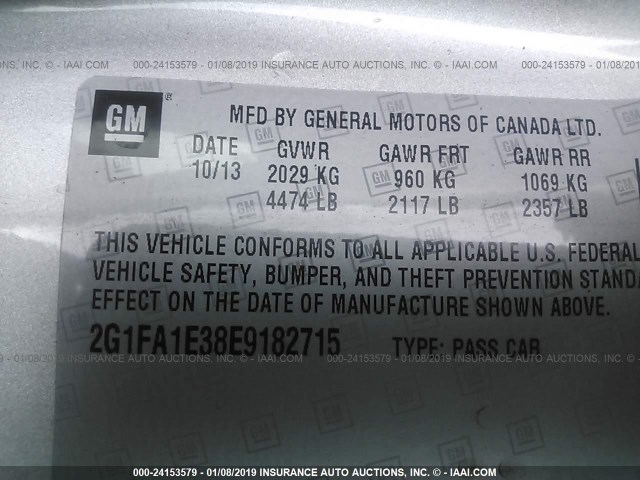 2G1FA1E38E9182715 - 2014 CHEVROLET CAMARO LS SILVER photo 9