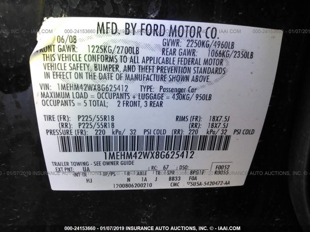 1MEHM42WX8G625412 - 2008 MERCURY SABLE PREMIER BLACK photo 9