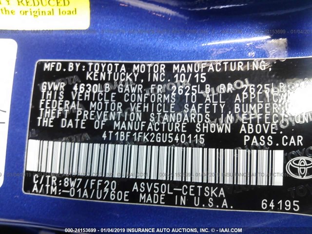4T1BF1FK2GU540115 - 2016 TOYOTA CAMRY LE/XLE/SE/XSE BLUE photo 9