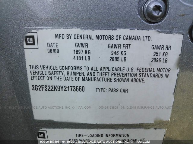 2G2FS22K9Y2173660 - 2000 PONTIAC FIREBIRD ნაცრისფერი ფოტო 9