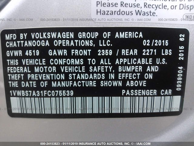 1VWBS7A31FC075539 - 2015 VOLKSWAGEN PASSAT SE SILVER photo 9