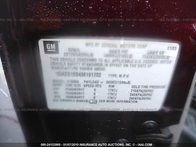 1GKES16S436191782 - 2003 GMC ENVOY XL MAROON photo 9