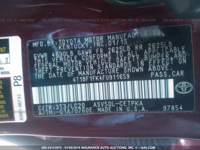 4T1BF1FK4FU911659 - 2015 TOYOTA CAMRY LE/XLE/SE/XSE RED photo 9