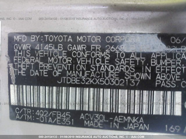 JTDBE32KX50302137 - 2005 TOYOTA CAMRY LE/XLE/SE GOLD photo 9