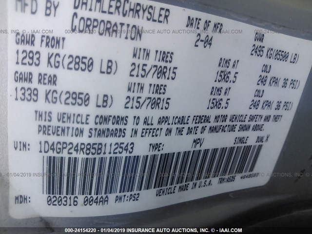 1D4GP24R85B112543 - 2005 DODGE GRAND CARAVAN SE SILVER photo 9