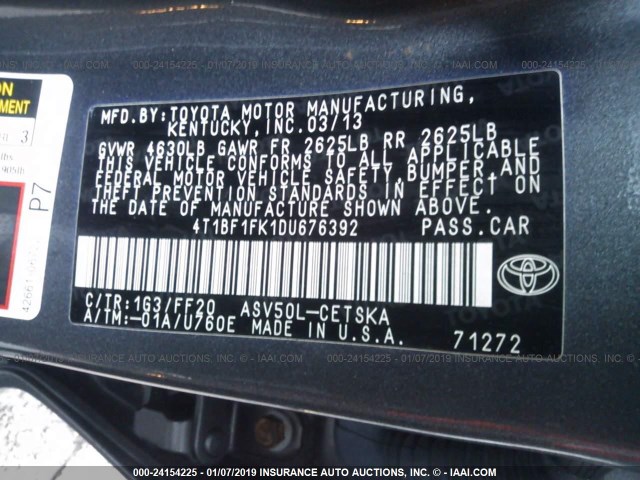 4T1BF1FK1DU676392 - 2013 TOYOTA CAMRY L/SE/LE/XLE BLACK photo 9