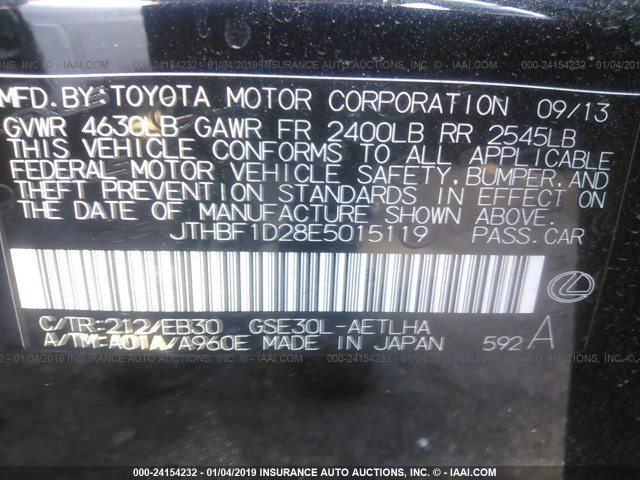 JTHBF1D28E5015119 - 2014 LEXUS IS 250 BLACK photo 9