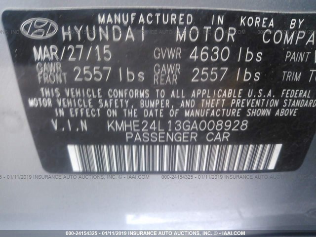 KMHE24L13GA008928 - 2016 HYUNDAI SONATA HYBRID/SE GRAY photo 9