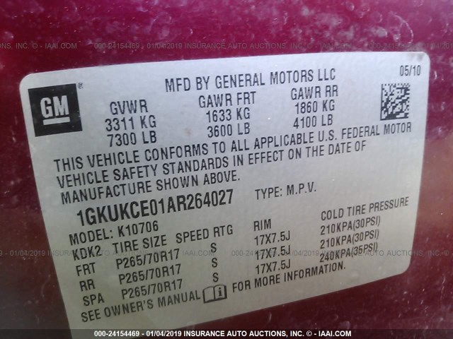 1GKUKCE01AR264027 - 2010 GMC YUKON SLT MAROON photo 9